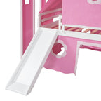 Cama alta de madera rosa tamaño matrimonial con tobogán y tienda de campaña | Habitación infantil de niñas
