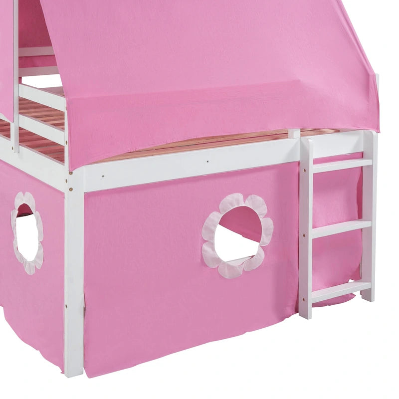 Cama alta de madera rosa tamaño matrimonial con tobogán y tienda de campaña | Habitación infantil de niñas