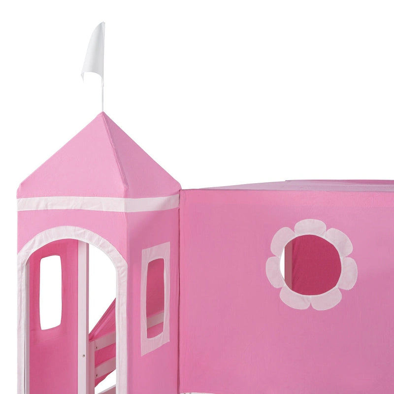 Cama alta de madera rosa tamaño matrimonial con tobogán y tienda de campaña | Habitación infantil de niñas