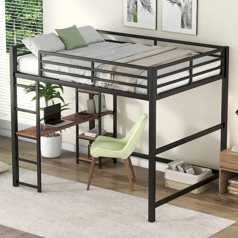 Cama loft de metal de tamaño completo negra con escritorio integrado y estantes de 4 niveles | 113 kg