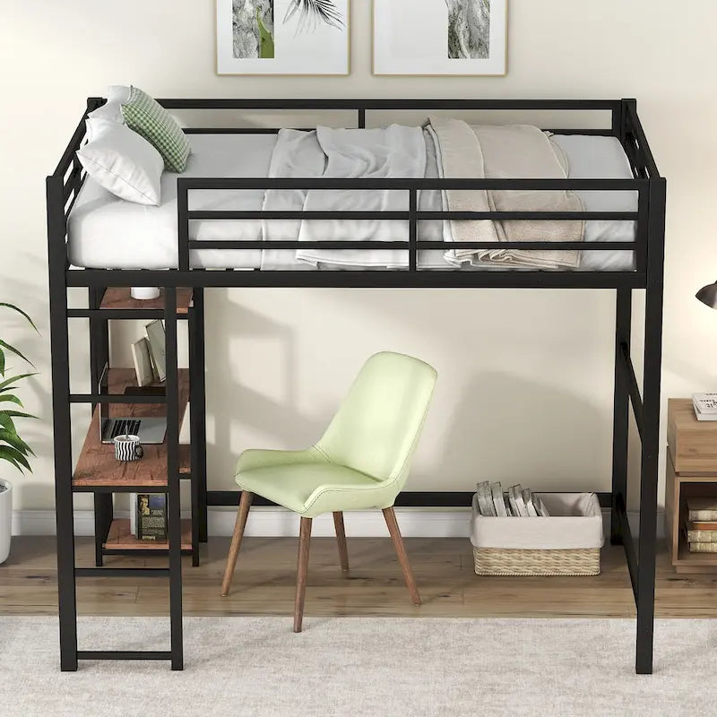 Cama loft de metal de tamaño completo negra con escritorio integrado y estantes de 4 niveles | 113 kg