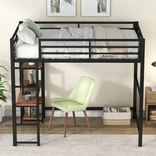 Cama loft de metal de tamaño completo negra con escritorio integrado y estantes de 4 niveles | 113 kg