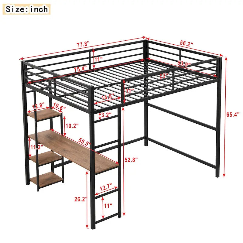 Cama loft de metal de tamaño completo negra con escritorio integrado y estantes de 4 niveles | 113 kg