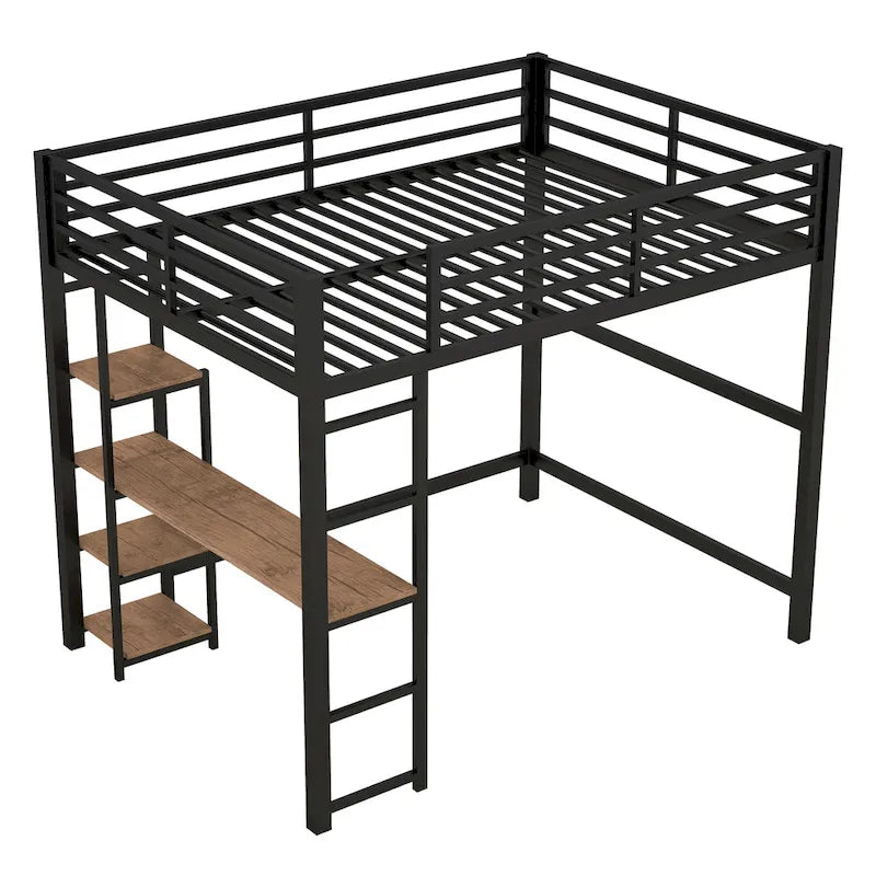 Cama loft de metal de tamaño completo negra con escritorio integrado y estantes de 4 niveles | 113 kg