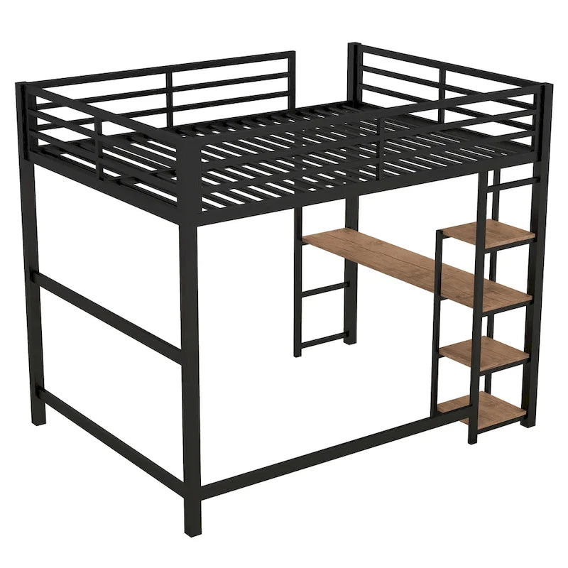 Cama loft de metal de tamaño completo negra con escritorio integrado y estantes de 4 niveles | 113 kg