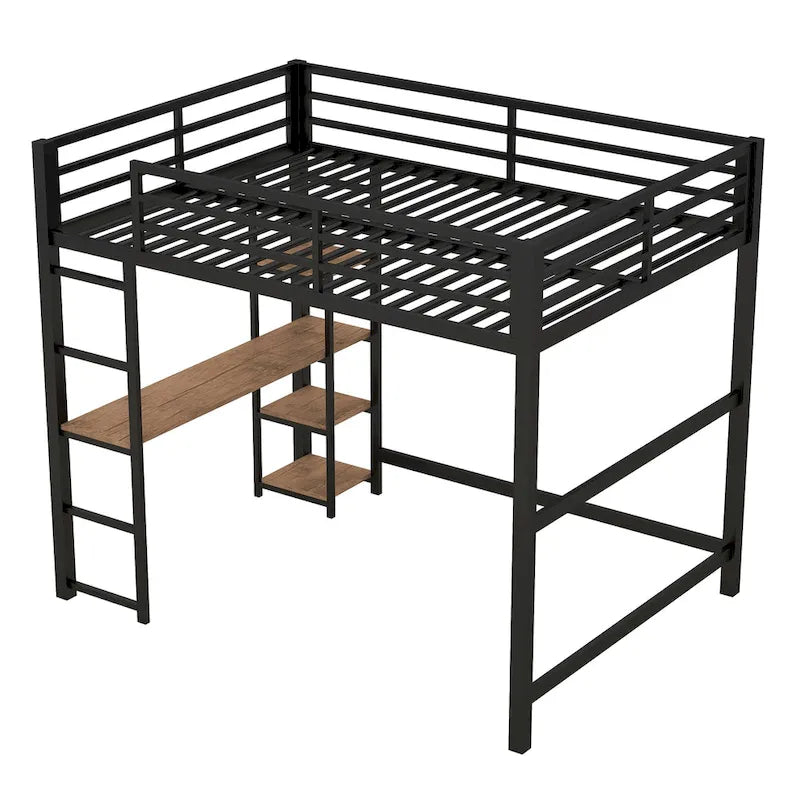 Cama loft de metal de tamaño completo negra con escritorio integrado y estantes de 4 niveles | 113 kg