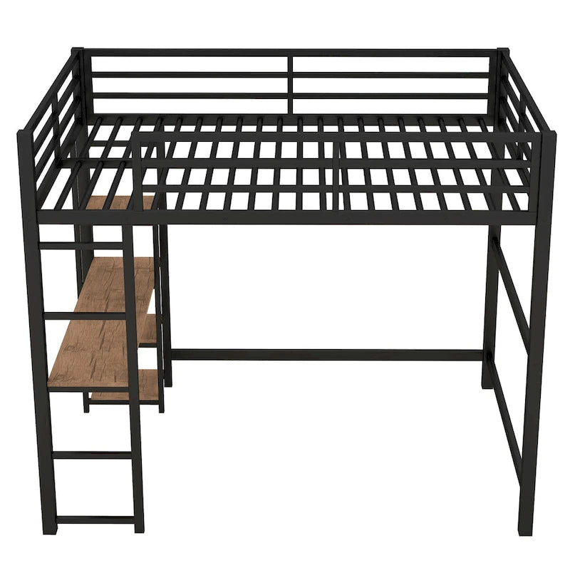 Cama loft de metal de tamaño completo negra con escritorio integrado y estantes de 4 niveles | 113 kg