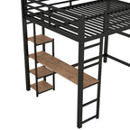 Cama loft de metal de tamaño completo negra con escritorio integrado y estantes de 4 niveles | 113 kg