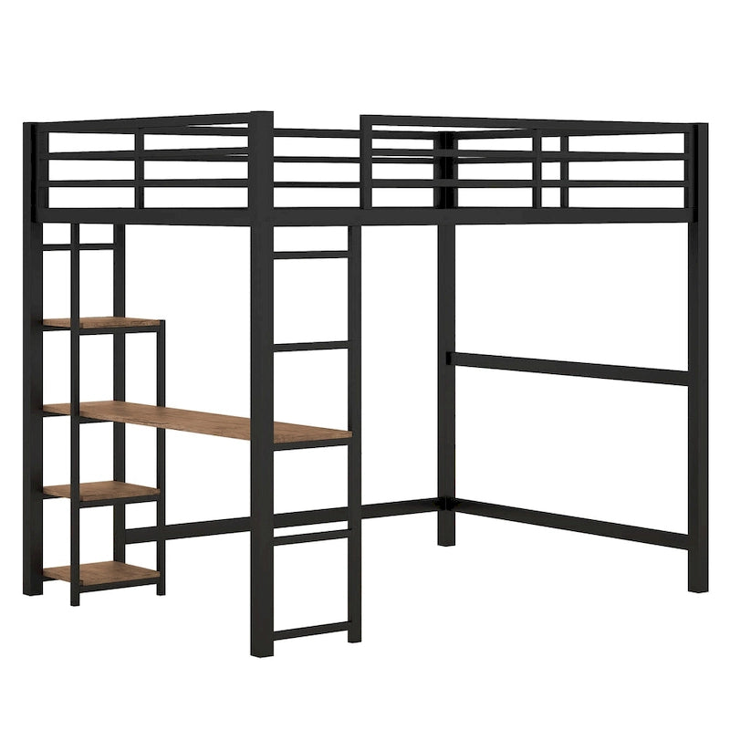 Cama loft de metal de tamaño completo negra con escritorio integrado y estantes de 4 niveles | 113 kg