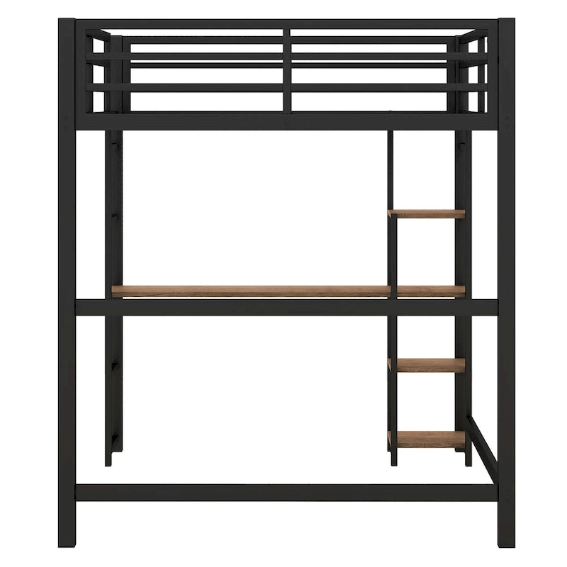 Cama loft de metal de tamaño completo negra con escritorio integrado y estantes de 4 niveles | 113 kg