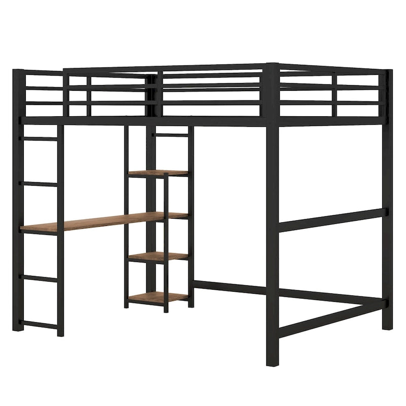 Cama loft de metal de tamaño completo negra con escritorio integrado y estantes de 4 niveles | 113 kg