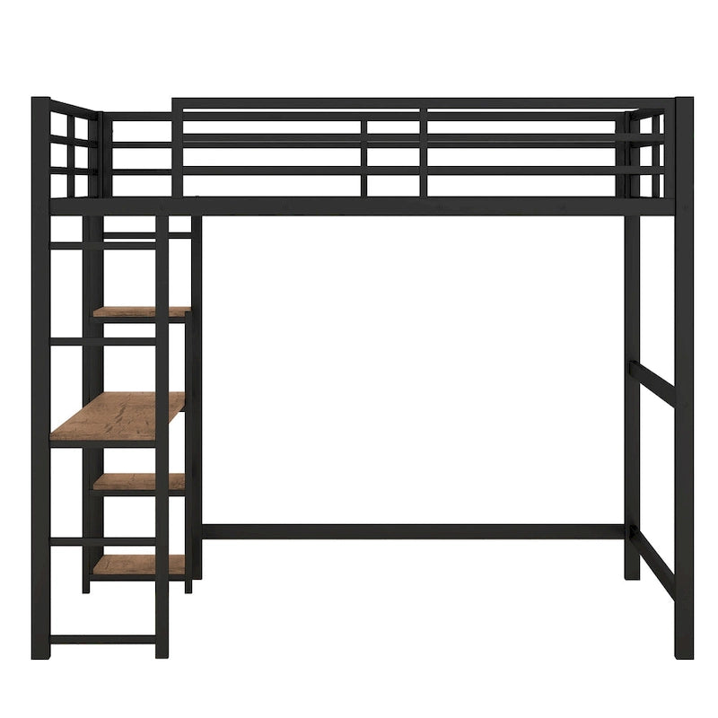 Cama loft de metal de tamaño completo negra con escritorio integrado y estantes de 4 niveles | 113 kg