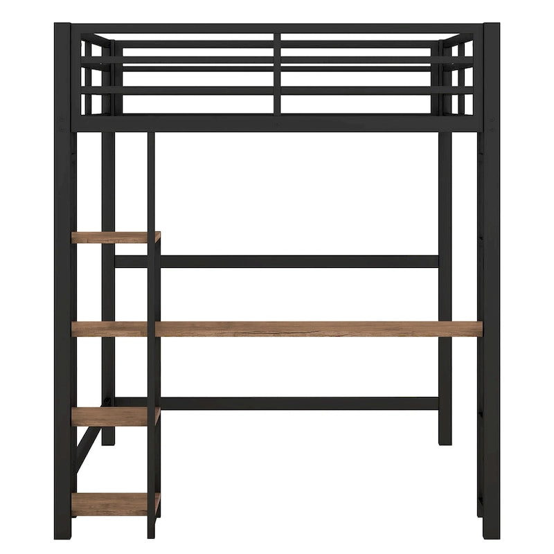 Cama loft de metal de tamaño completo negra con escritorio integrado y estantes de 4 niveles | 113 kg