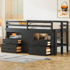 Espresso Twin Size Solid Wood Loft Bed with Drawers and Cabinets