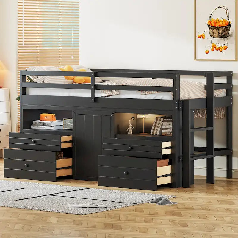 Espresso Twin Size Solid Wood Loft Bed with Drawers and Cabinets