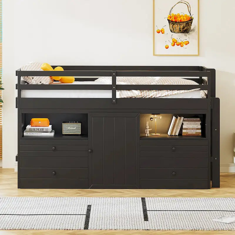 Cama alta doble de madera maciza Espresso con 4 cajones, armario y barandillas completas