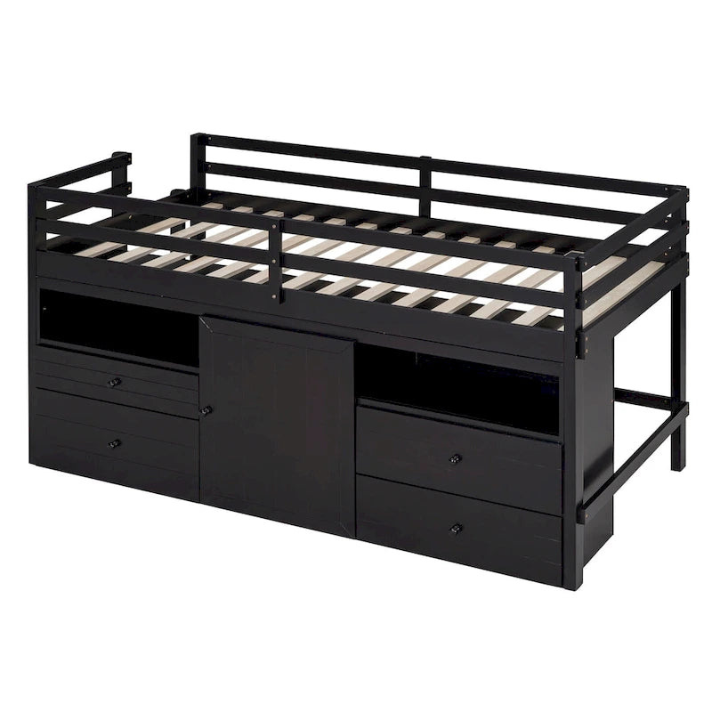Cama alta doble de madera maciza Espresso con 4 cajones, armario y barandillas completas