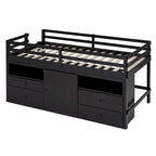 Cama alta doble de madera maciza Espresso con 4 cajones, armario y barandillas completas