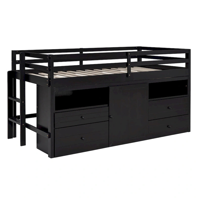 Cama alta doble de madera maciza Espresso con 4 cajones, armario y barandillas completas