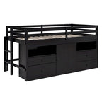 Cama alta doble de madera maciza Espresso con 4 cajones, armario y barandillas completas