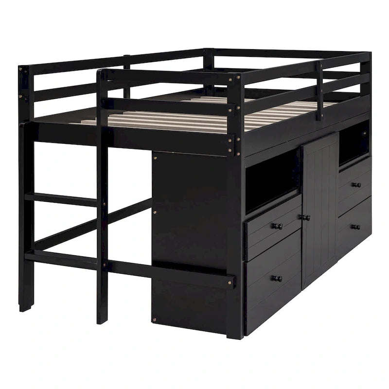 Cama alta doble de madera maciza Espresso con 4 cajones, armario y barandillas completas