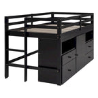 Cama alta doble de madera maciza Espresso con 4 cajones, armario y barandillas completas