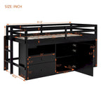 Cama alta doble de madera maciza Espresso con 4 cajones, armario y barandillas completas