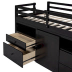 Cama alta doble de madera maciza Espresso con 4 cajones, armario y barandillas completas
