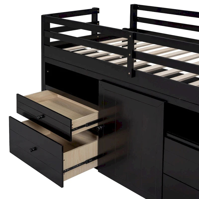 Cama alta doble de madera maciza Espresso con 4 cajones, armario y barandillas completas