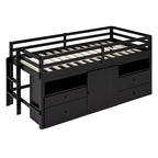 Cama alta doble de madera maciza Espresso con 4 cajones, armario y barandillas completas