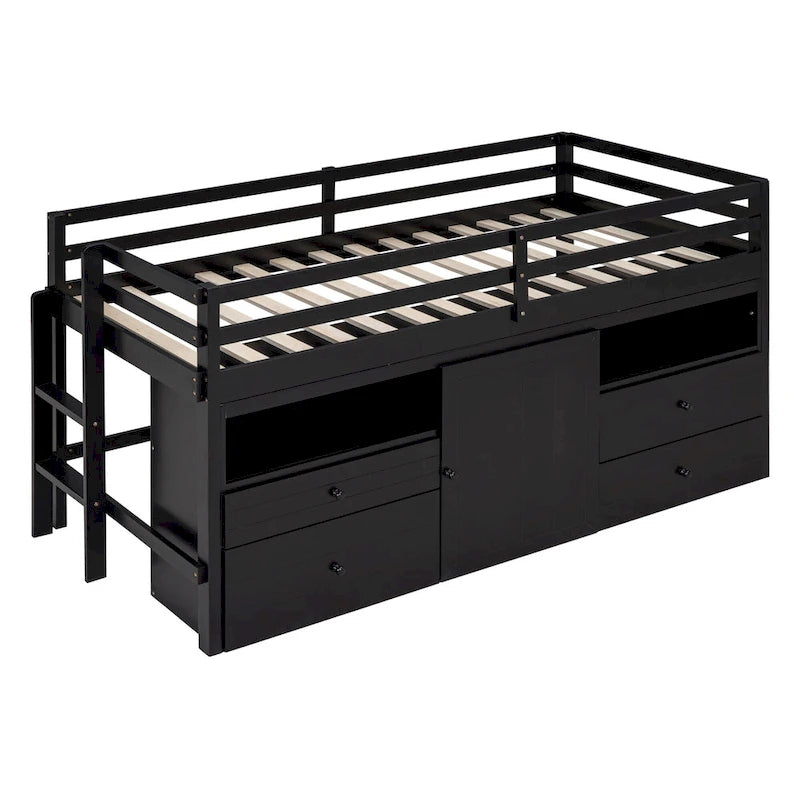 Cama alta doble de madera maciza Espresso con 4 cajones, armario y barandillas completas