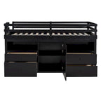Cama alta doble de madera maciza Espresso con 4 cajones, armario y barandillas completas