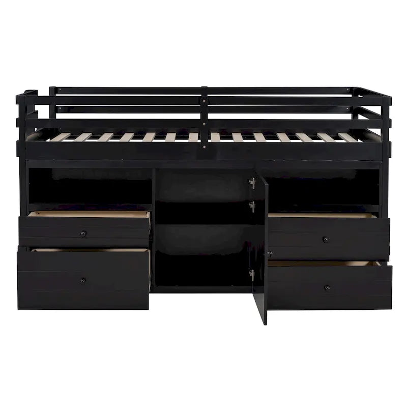 Cama alta doble de madera maciza Espresso con 4 cajones, armario y barandillas completas