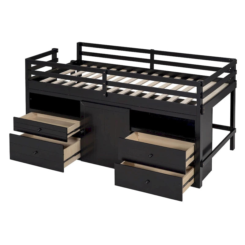 Cama alta doble de madera maciza Espresso con 4 cajones, armario y barandillas completas