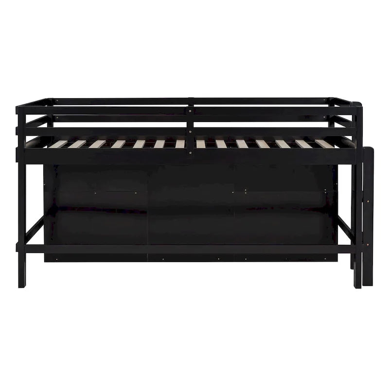 Cama alta doble de madera maciza Espresso con 4 cajones, armario y barandillas completas