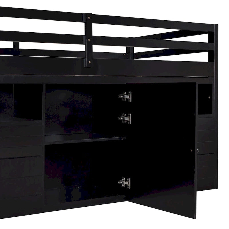 Cama alta doble de madera maciza Espresso con 4 cajones, armario y barandillas completas