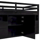 Cama alta doble de madera maciza Espresso con 4 cajones, armario y barandillas completas