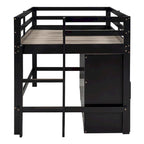 Cama alta doble de madera maciza Espresso con 4 cajones, armario y barandillas completas