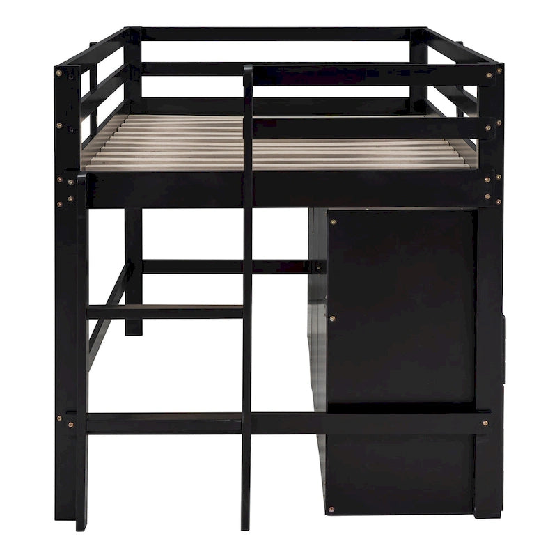 Cama alta doble de madera maciza Espresso con 4 cajones, armario y barandillas completas