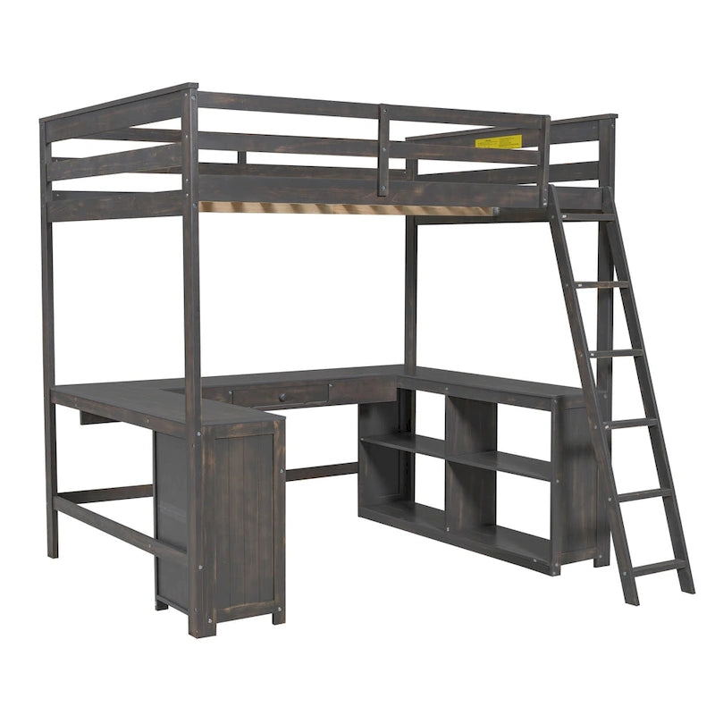 Cama alta de madera maciza color marrón antiguo de tamaño completo con escritorio, pizarra, 3 cajones y estante