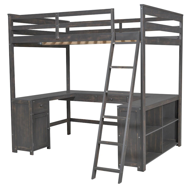 Cama alta de madera maciza color marrón antiguo de tamaño completo con escritorio, pizarra, 3 cajones y estante