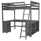 Cama alta de madera maciza color marrón antiguo de tamaño completo con escritorio, pizarra, 3 cajones y estante