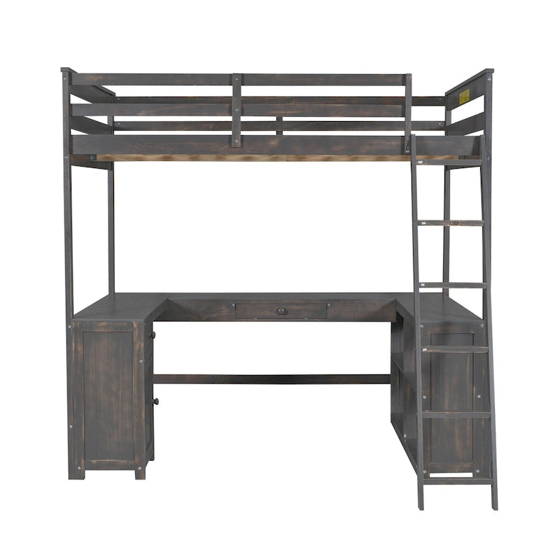 Cama alta de madera maciza color marrón antiguo de tamaño completo con escritorio, pizarra, 3 cajones y estante