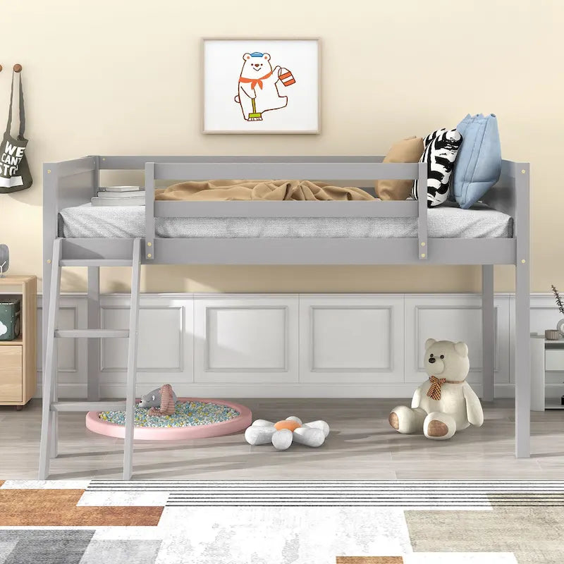 Cama alta individual baja de madera maciza gris con escalera convertible y valla de seguridad para niños