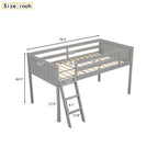 Cama alta individual baja de madera maciza gris con escalera convertible y valla de seguridad para niños