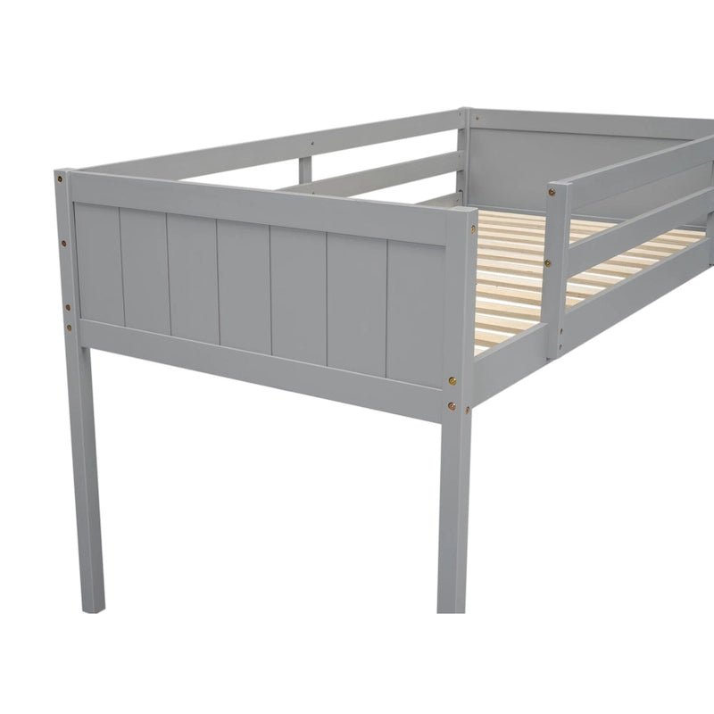 Cama alta individual baja de madera maciza gris con escalera convertible y valla de seguridad para niños