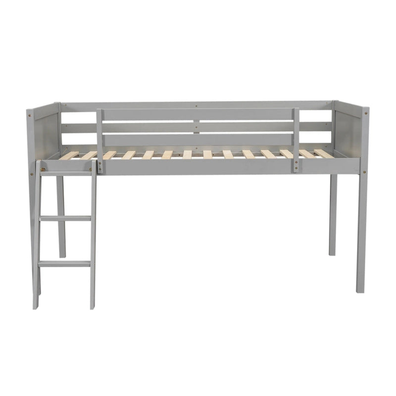 Cama alta individual baja de madera maciza gris con escalera convertible y valla de seguridad para niños