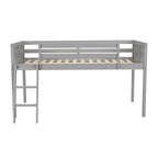 Cama alta individual baja de madera maciza gris con escalera convertible y valla de seguridad para niños