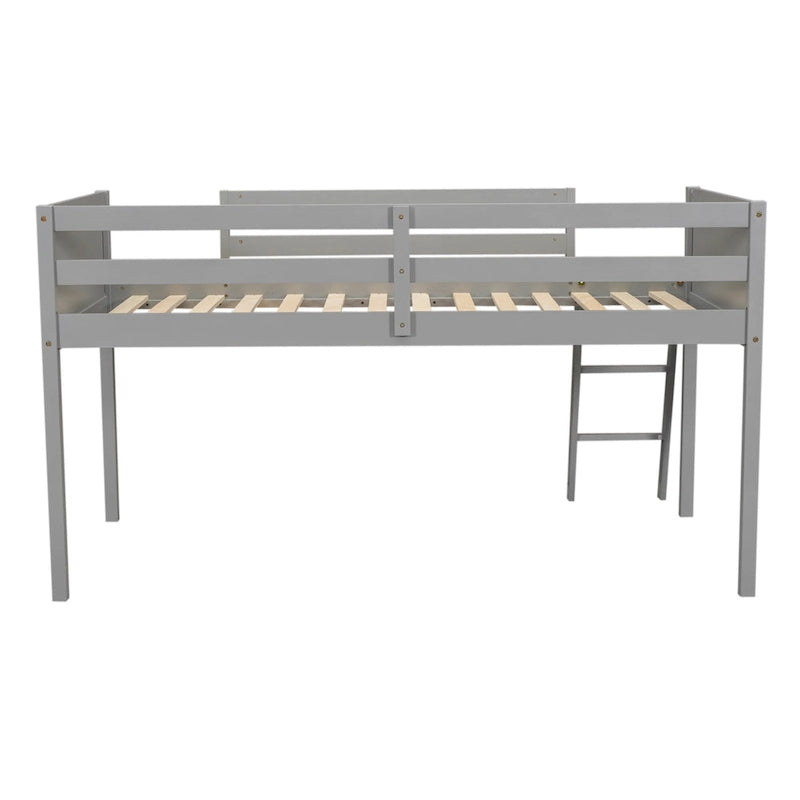 Cama alta individual baja de madera maciza gris con escalera convertible y valla de seguridad para niños