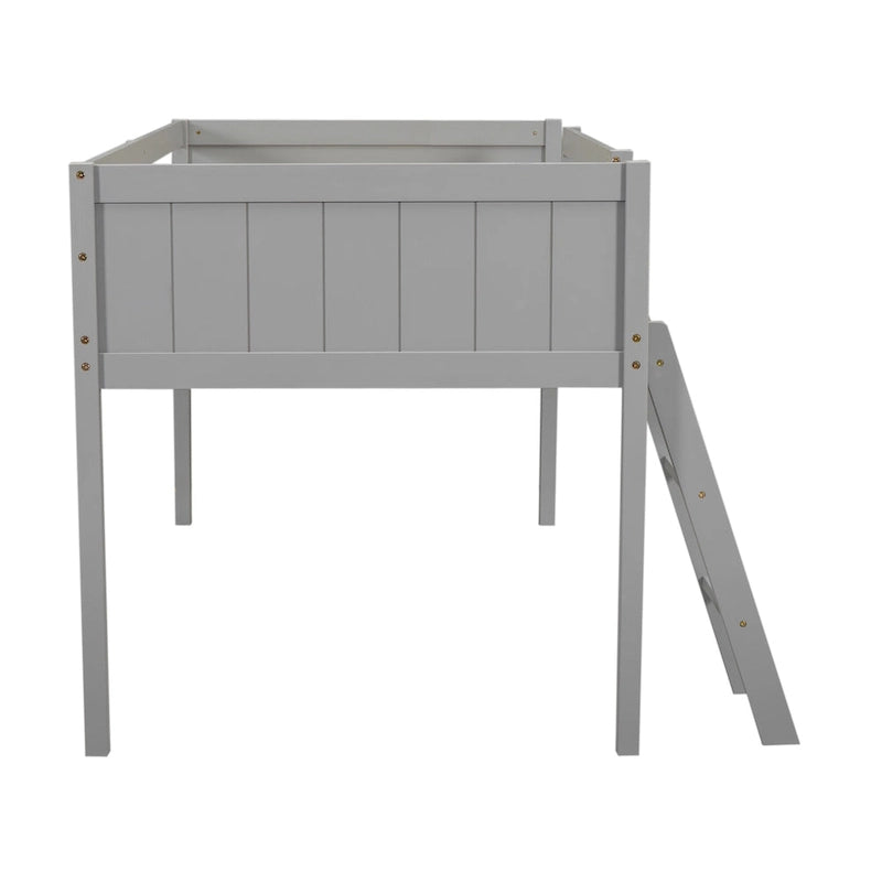 Cama alta individual baja de madera maciza gris con escalera convertible y valla de seguridad para niños